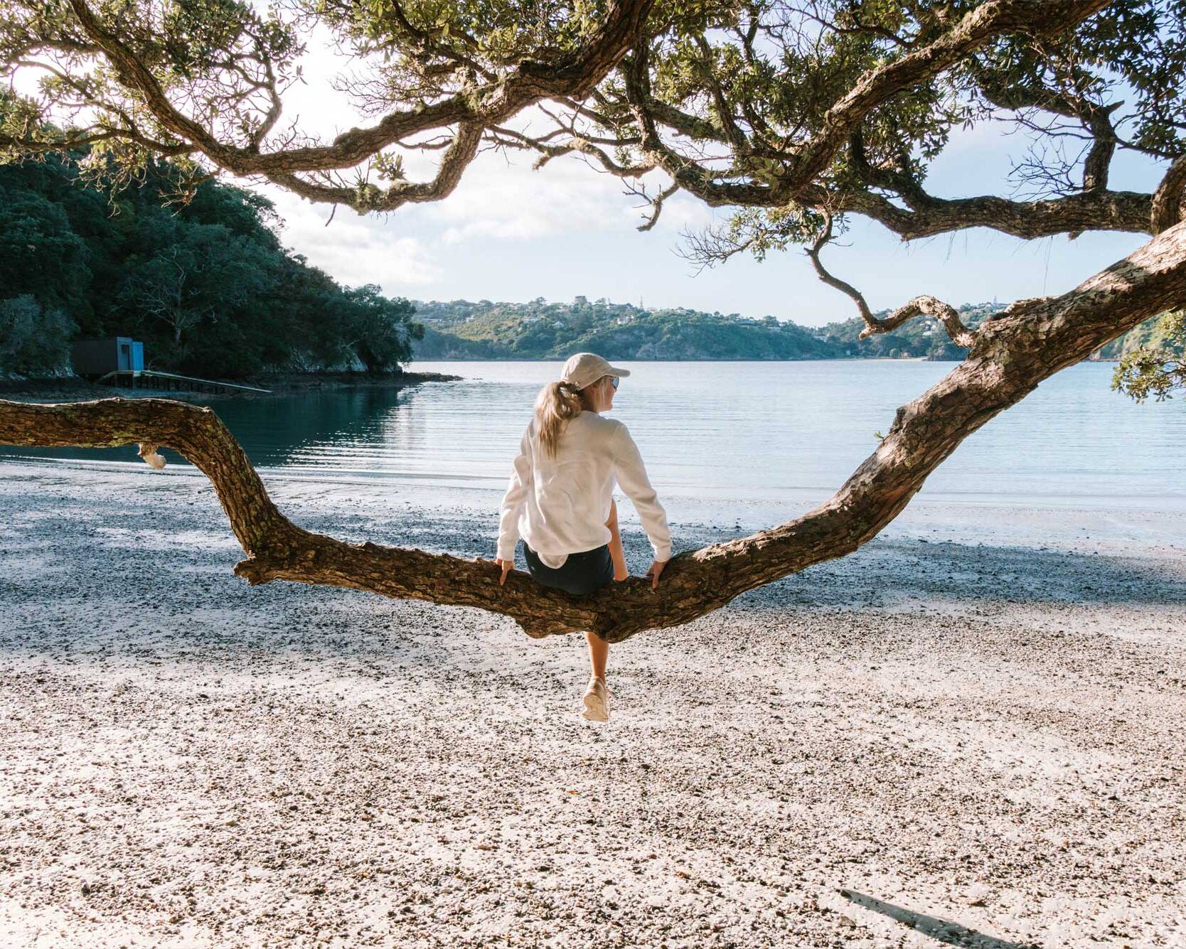 girl in tree on beach